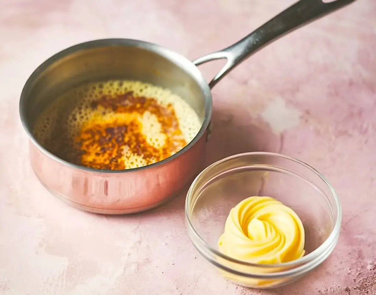 Small saucepan with browned butter and a swirl of cooled buttercream in a glass bowl beside it, both used in making brown butter honey pistachio bars.