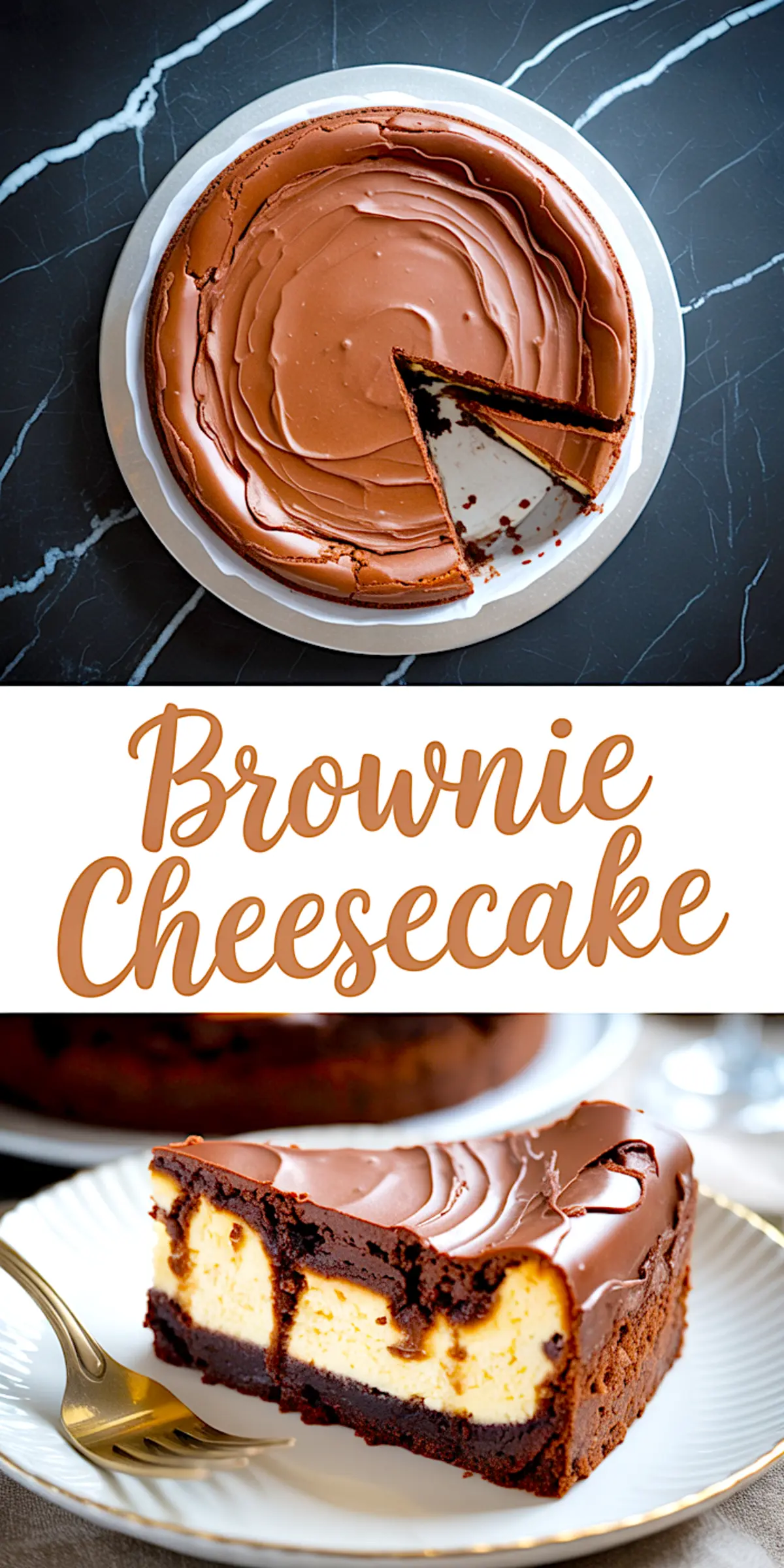 Collage showing whole brownie cheesecake with smooth ganache topping, a slice removed, and a close-up of a single slice revealing creamy cheesecake layers over fudgy brownie base.
