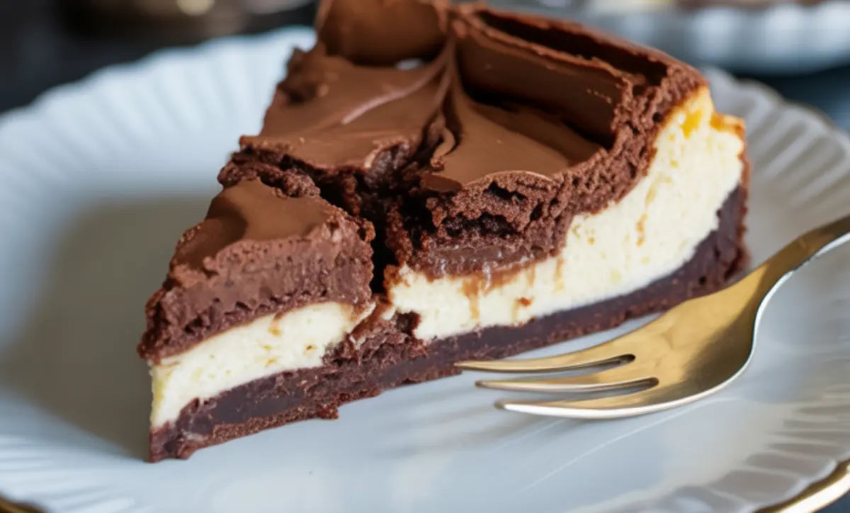 Close-up of a brownie cheesecake slice on a white plate with a gold fork, showcasing thick brownie bottom, creamy cheesecake center, and glossy chocolate ganache topping.