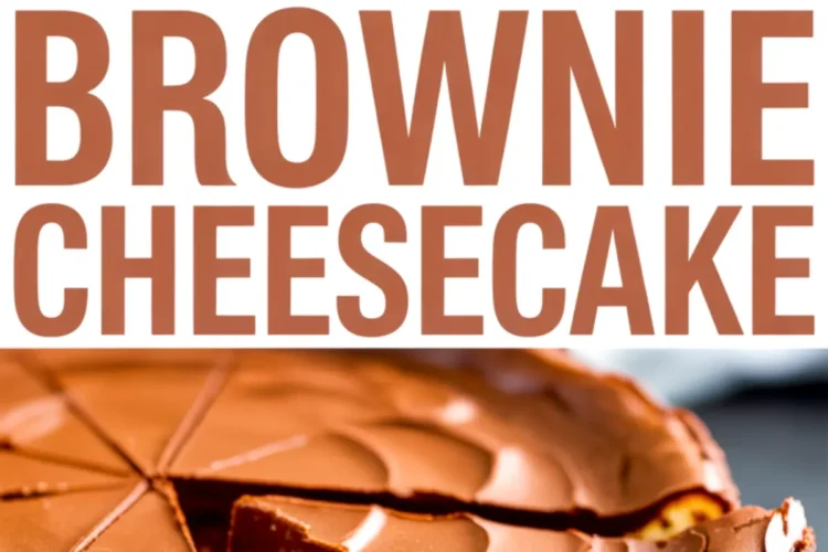 Collage showing a sliced brownie cheesecake with glossy chocolate ganache on top, text reading “Brownie Cheesecake,” and a detailed close-up of the rich layered interior.