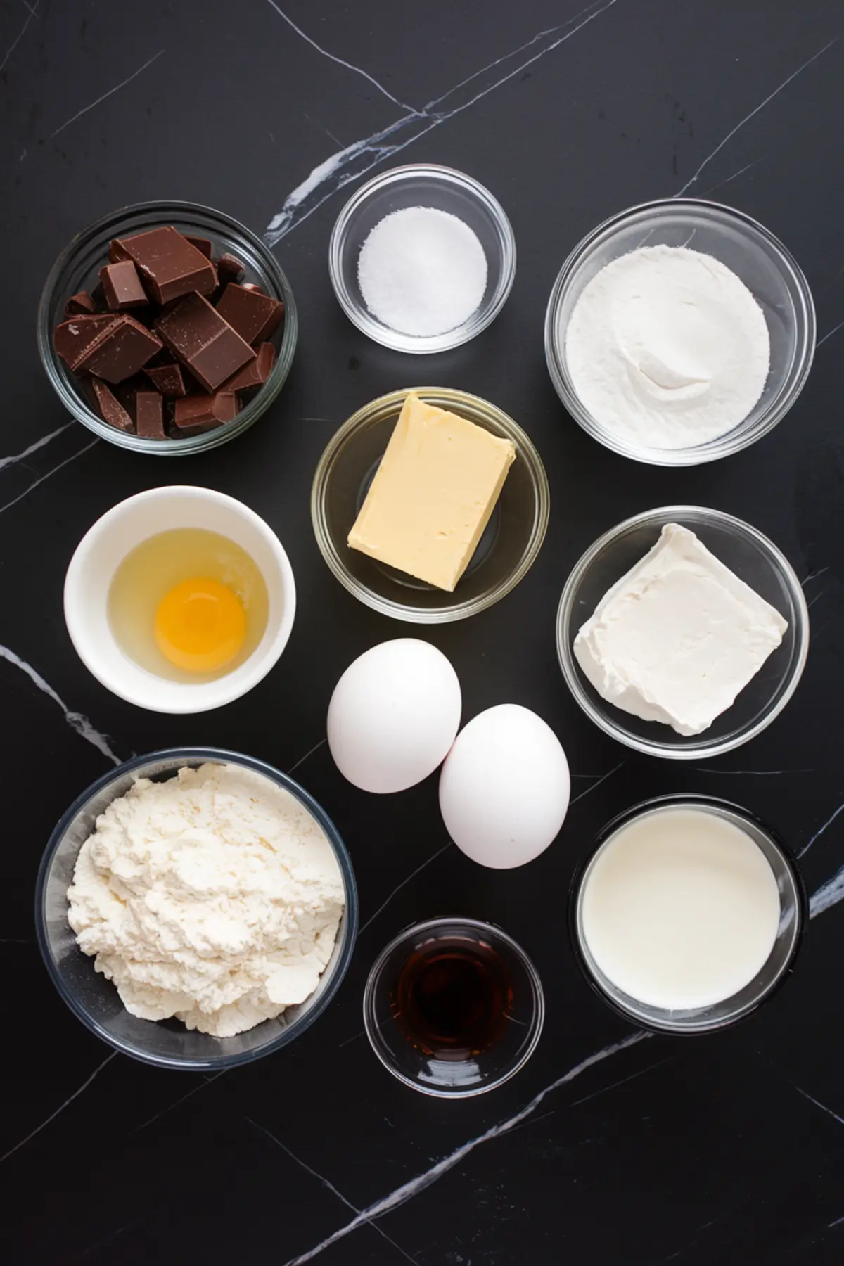 Flat lay of brownie cheesecake ingredients on a black marble countertop, featuring chopped chocolate, sugar, flour, butter, eggs, cream cheese, vanilla extract, milk, and ricotta cheese in clear and white bowls.