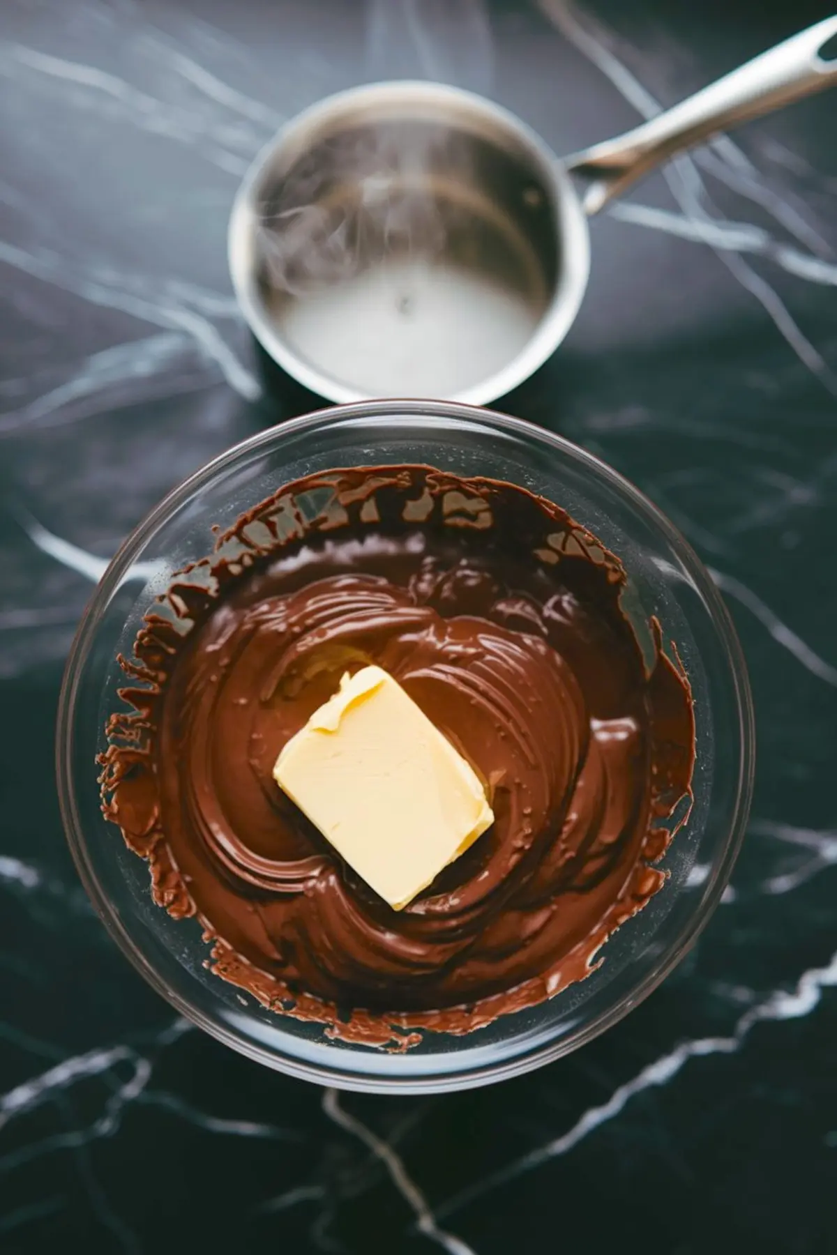 Glass bowl with melted chocolate and butter resting on top, with a steaming pot of hot water behind it, illustrating the double boiler method on a black marble surface.