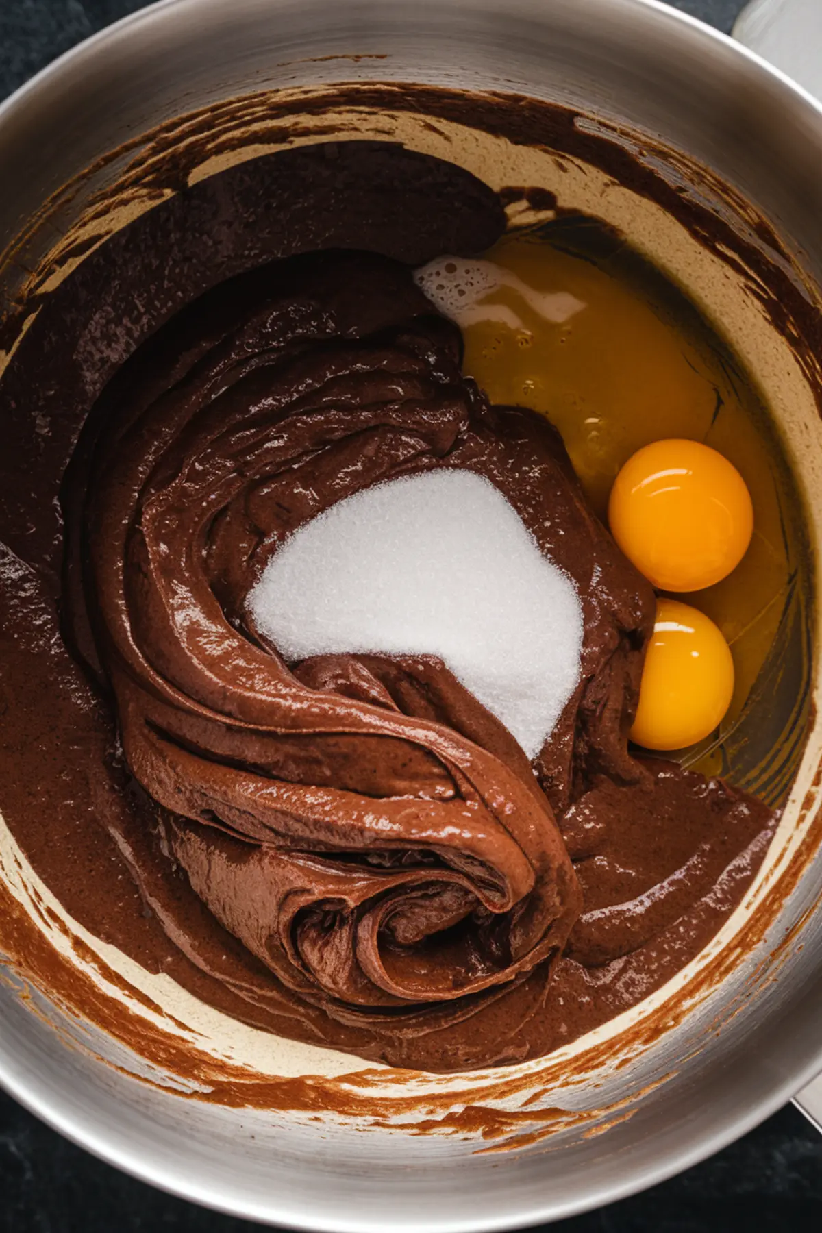 Metal mixing bowl containing glossy chocolate brownie batter, with added sugar and egg yolks ready to be mixed into the rich chocolate mixture.