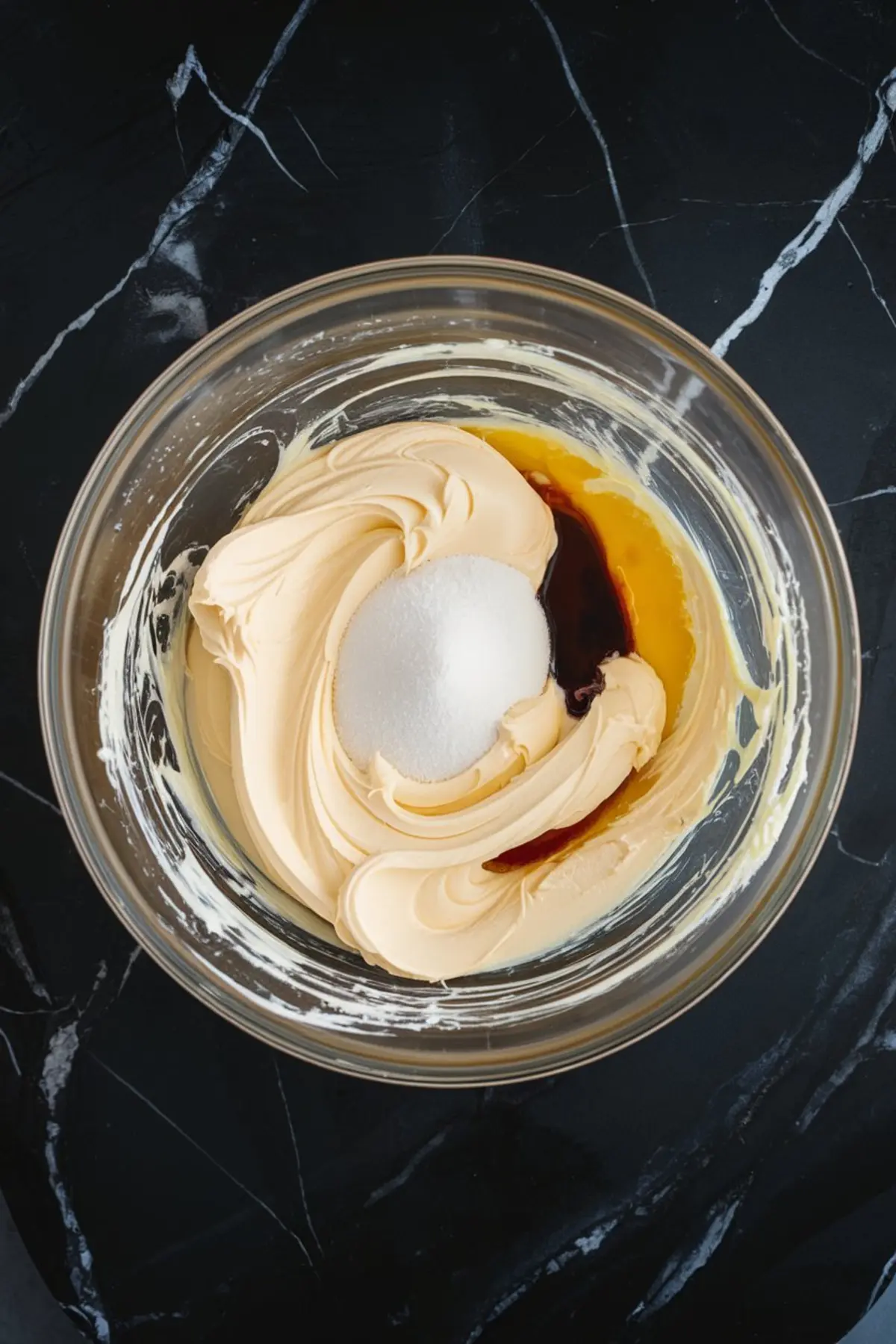 Glass bowl with smooth cream cheese filling mixture, including sugar and vanilla extract swirled into whipped cream cheese on a black marble countertop.