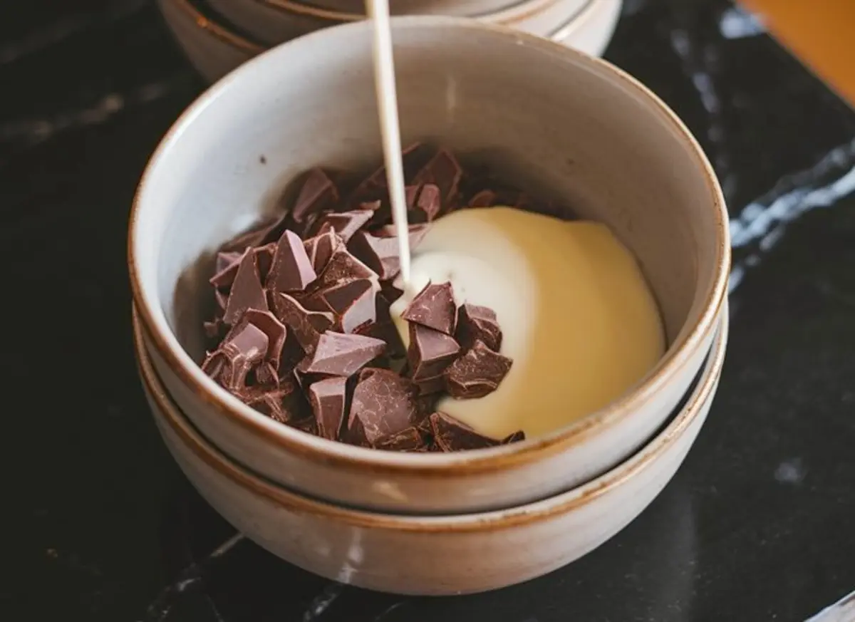 Chopped dark chocolate in a ceramic bowl with heavy cream being poured over it to create a silky ganache topping for the brownie cheesecake.