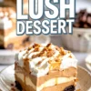 A square slice of butterscotch lush dessert on a plate is shown close up with clear layers of Oreo crust, butterscotch and vanilla pudding, whipped topping, and a drizzle of caramel with crushed toffee candy. Text overlay reads “Butterscotch Lush Dessert.”
