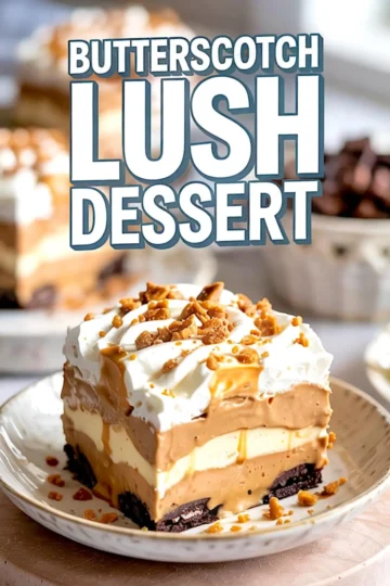 A square slice of butterscotch lush dessert on a plate is shown close up with clear layers of Oreo crust, butterscotch and vanilla pudding, whipped topping, and a drizzle of caramel with crushed toffee candy. Text overlay reads “Butterscotch Lush Dessert.”