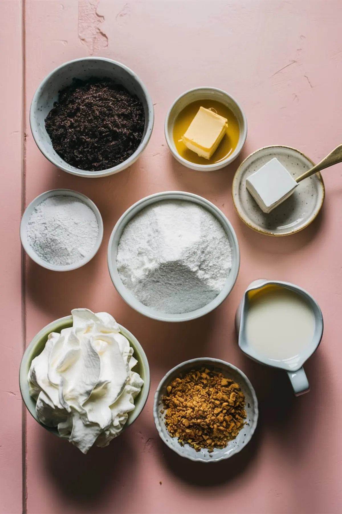Flat lay of ingredients for butterscotch lush dessert displayed on a pink surface. Bowls hold Oreo crumbs, melted butter, whipped topping, crushed toffee, powdered sugar, milk, and cream cheese.
