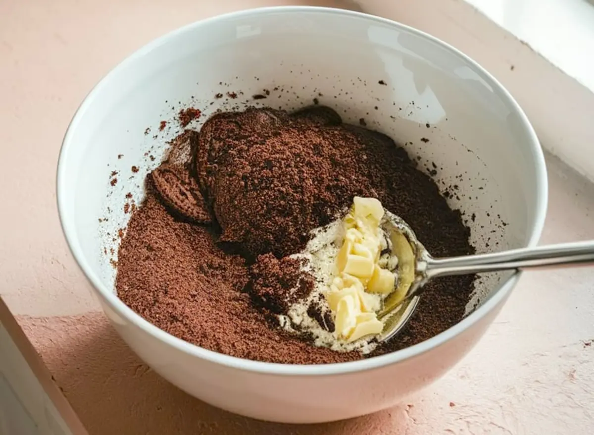 A white mixing bowl contains crushed chocolate cookies and softened butter, being combined with a spoon to form the base for a layered dessert crust.

