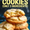 Stacked cake mix cookies with golden edges and a cracked top, topped by a halved cookie that displays a moist, fluffy center, accompanied by bold recipe text.