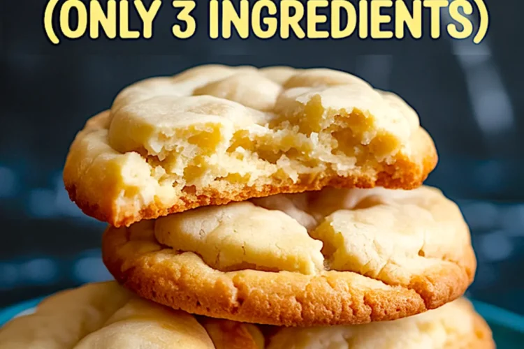 Stacked cake mix cookies with golden edges and a cracked top, topped by a halved cookie that displays a moist, fluffy center, accompanied by bold recipe text.