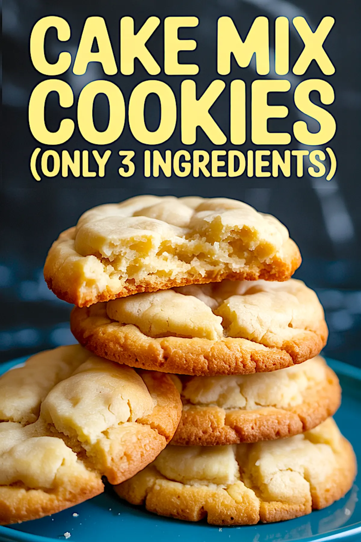 Stacked cake mix cookies with golden edges and a cracked top, topped by a halved cookie that displays a moist, fluffy center, accompanied by bold recipe text.