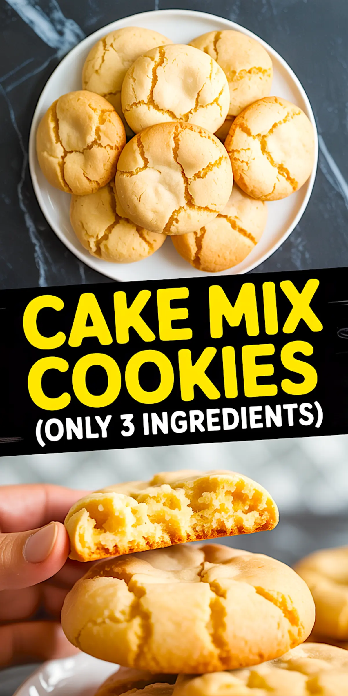 Collage with a white plate full of baked cookies and a hand holding a cookie half, revealing a light, tender interior, with bright text overlay promoting the simple recipe.