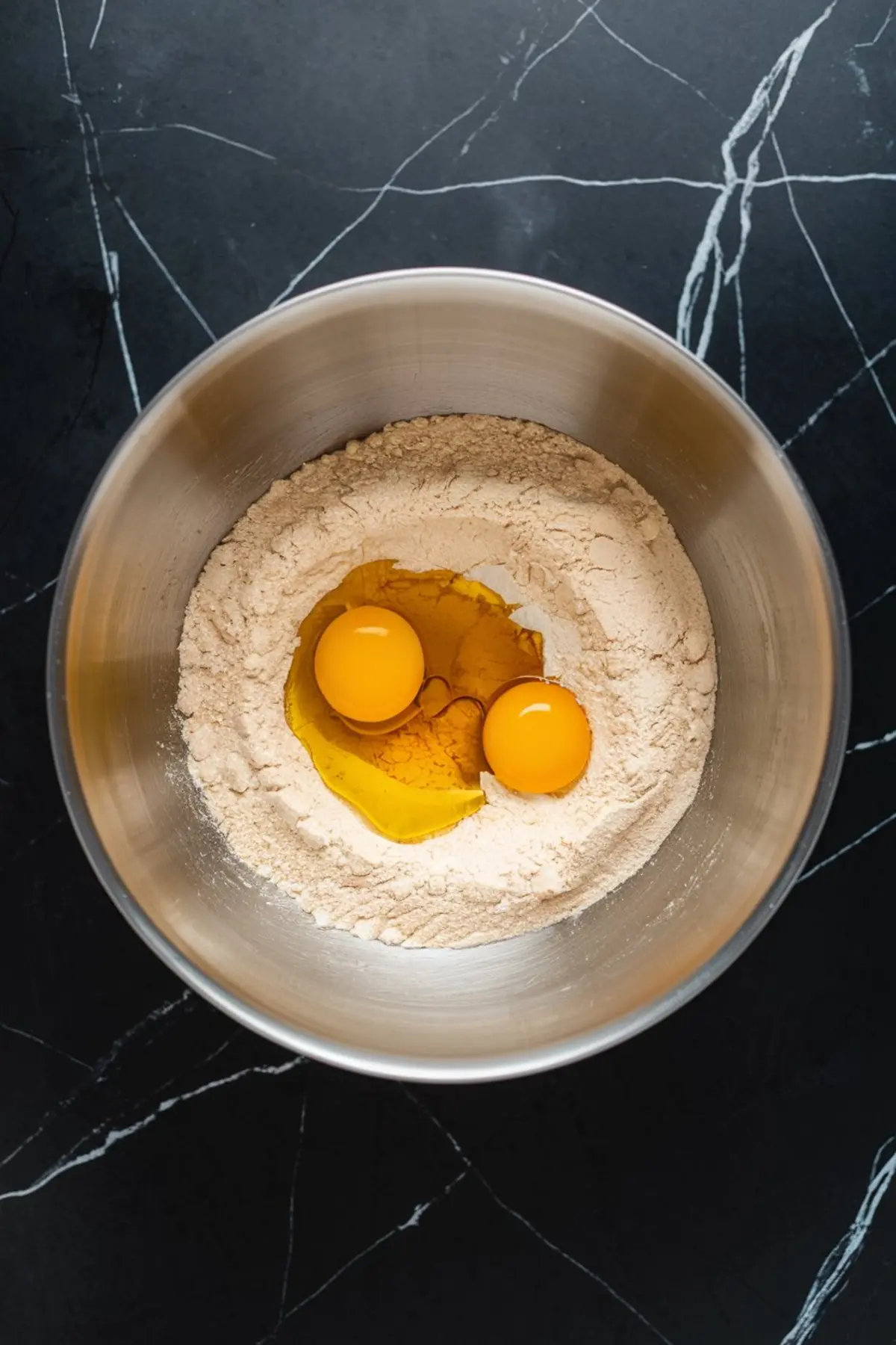 Overhead shot of a stainless steel mixing bowl holding cake mix and two cracked raw eggs, showing the initial step of making cake mix cookie dough.