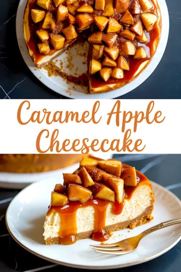 Pinterest-style collage showing a full caramel apple cheesecake with a slice missing, styled with cinnamon apple topping and caramel sauce, alongside a plated slice on a white dish with gold cutlery. Text in the middle reads “Caramel Apple Cheesecake.”
