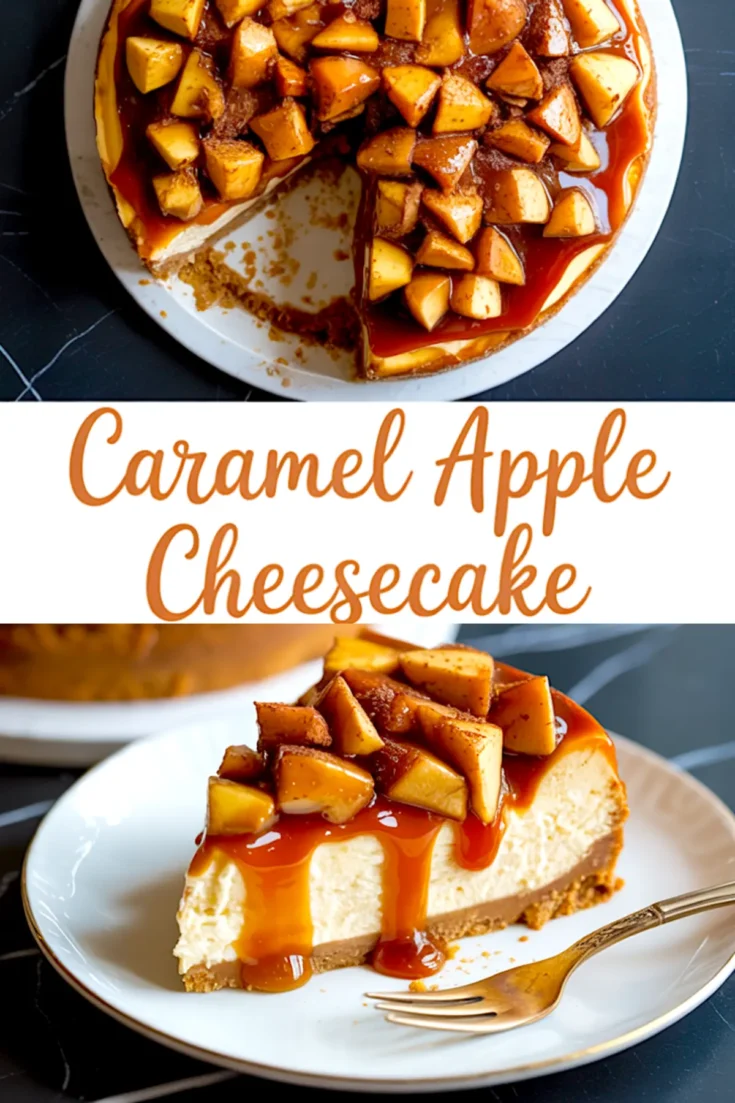 Pinterest-style collage showing a full caramel apple cheesecake with a slice missing, styled with cinnamon apple topping and caramel sauce, alongside a plated slice on a white dish with gold cutlery. Text in the middle reads “Caramel Apple Cheesecake.”
