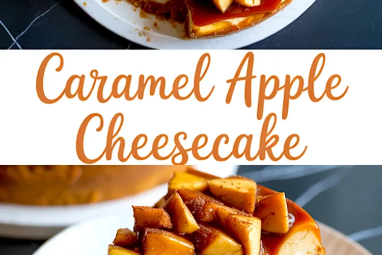Pinterest-style collage showing a full caramel apple cheesecake with a slice missing, styled with cinnamon apple topping and caramel sauce, alongside a plated slice on a white dish with gold cutlery. Text in the middle reads “Caramel Apple Cheesecake.”