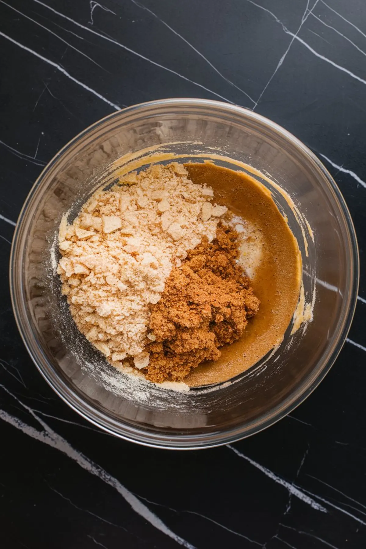 Overhead view of a glass mixing bowl with crushed graham crackers, brown sugar, and melted butter on a black marble surface, showing the start of a cheesecake crust preparation.