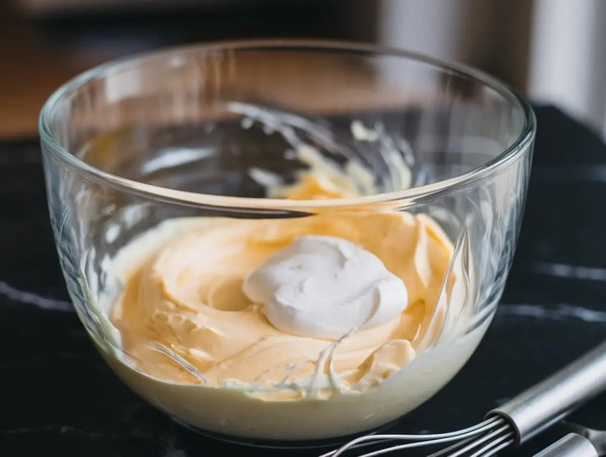 Side view of a clear bowl with whipped cream being folded into a creamy cheesecake mixture, with a metal whisk lying next to it on a black countertop.