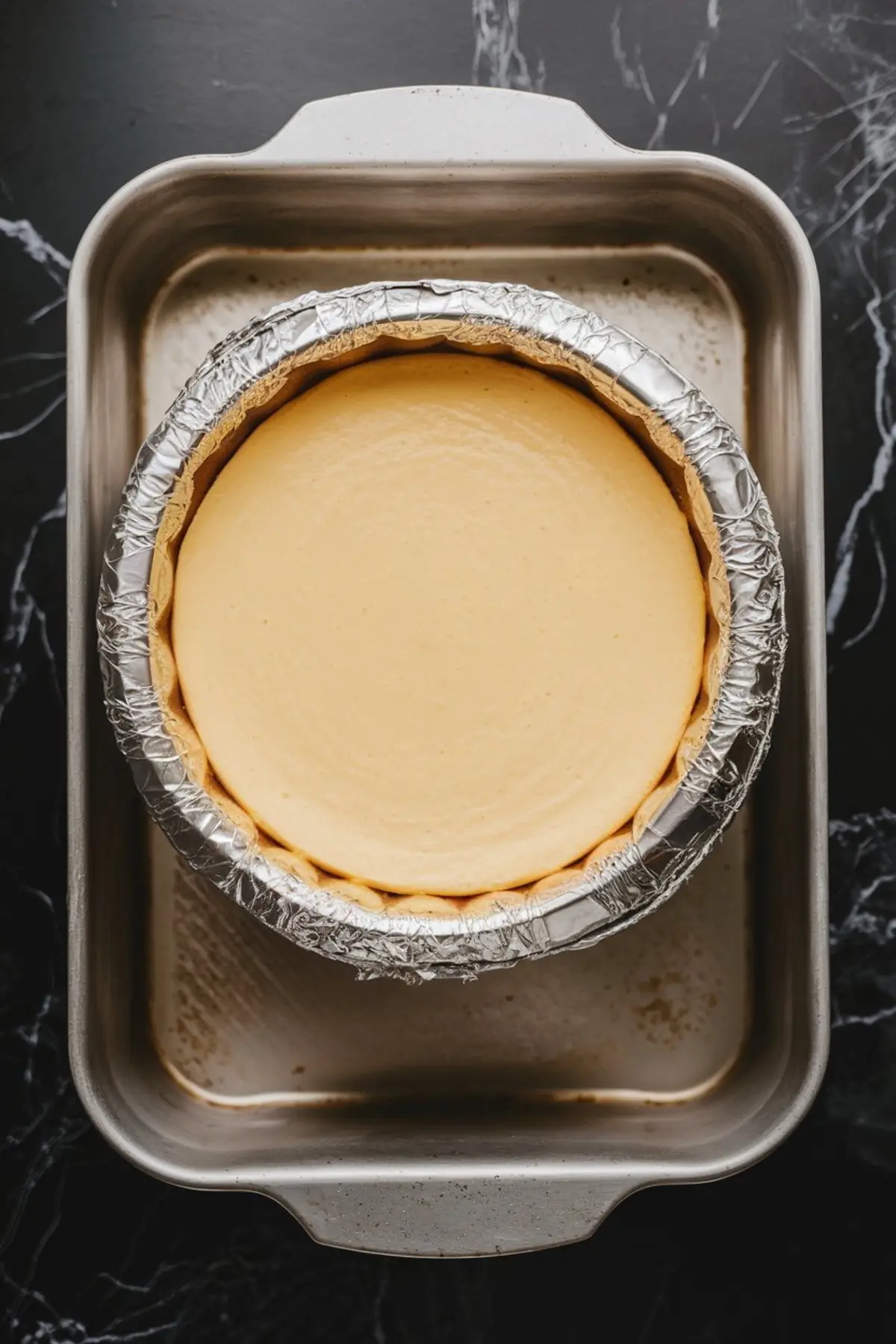 Cheesecake in a foil-wrapped springform pan placed inside a water bath, showing an unbaked cheesecake setup before oven baking.