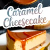 Slice of caramel cheesecake on a white plate with a golden fork, featuring a thick caramel layer and a crunchy graham cracker crust.