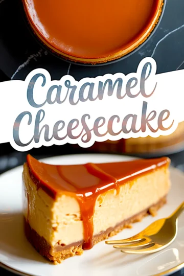 Slice of caramel cheesecake on a white plate with a golden fork, featuring a thick caramel layer and a crunchy graham cracker crust.