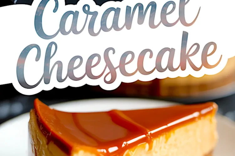 Slice of caramel cheesecake on a white plate with a golden fork, featuring a thick caramel layer and a crunchy graham cracker crust.