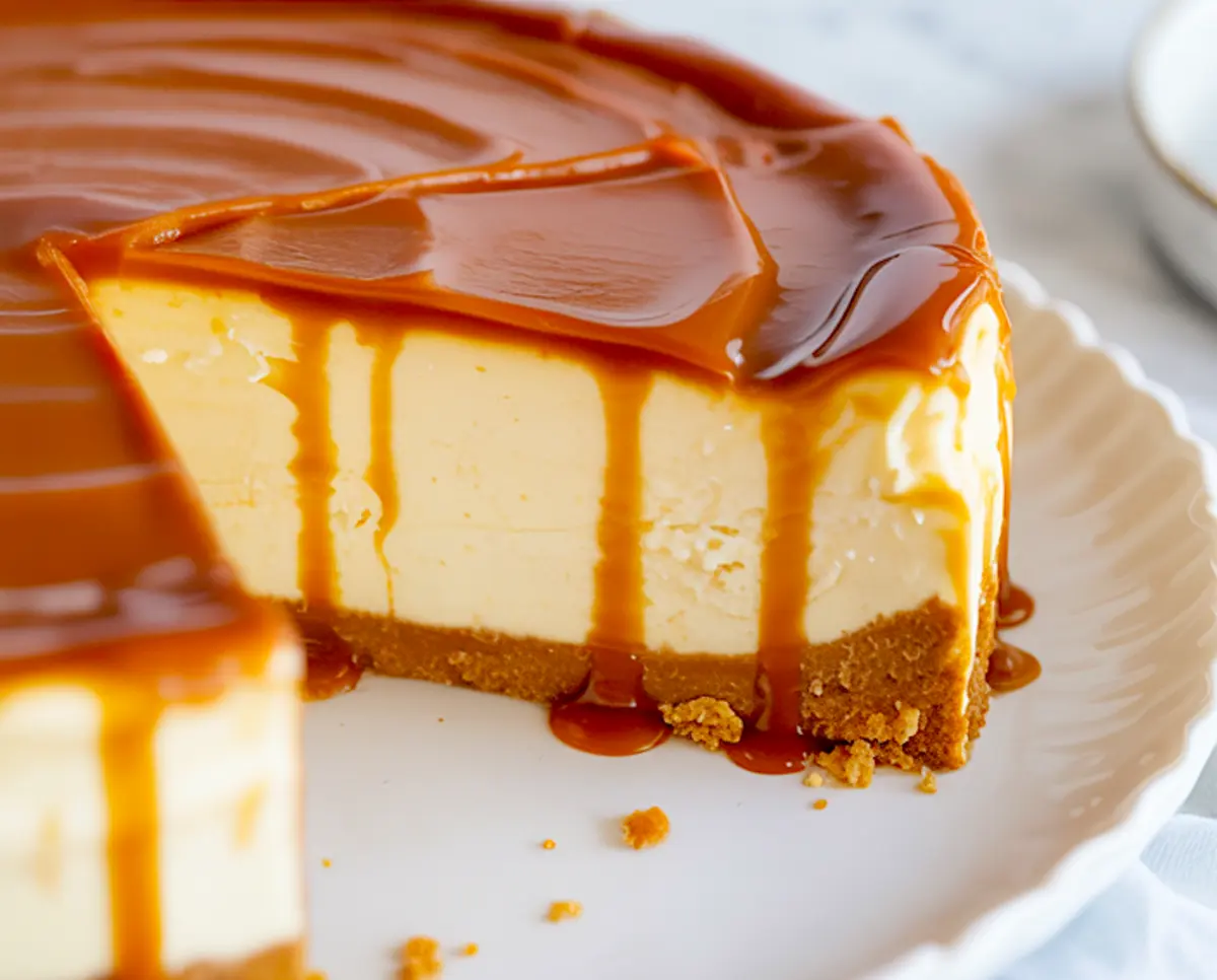 Sliced caramel cheesecake on a white plate, showing smooth cheesecake layers and golden caramel dripping over the edges.