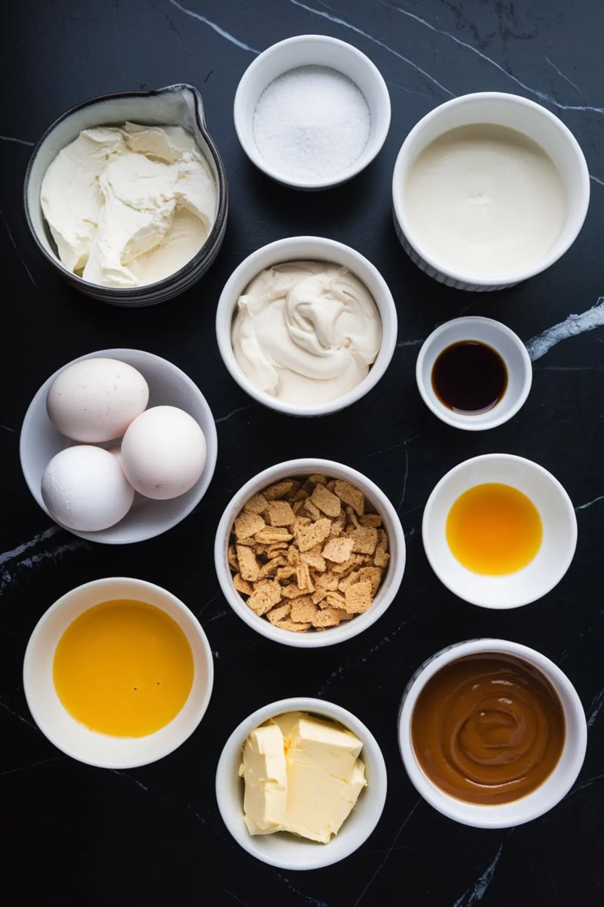 Flat lay of ingredients for a caramel cheesecake recipe, including cream cheese, eggs, sour cream, sugar, graham cereal, butter, caramel sauce, vanilla, and heavy cream in white bowls.