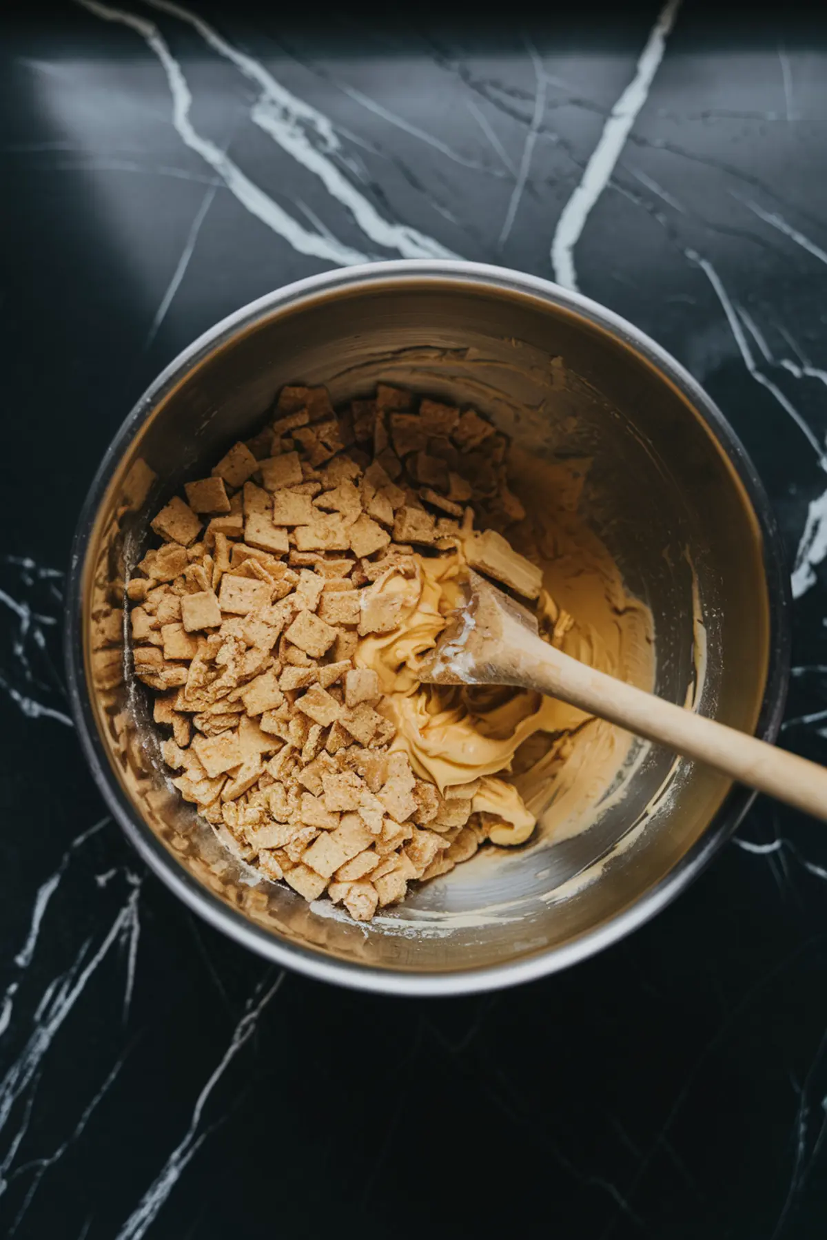 Mixing bowl with crushed graham cereal and creamy peanut butter being stirred together with a wooden spoon, on a black marble countertop.
