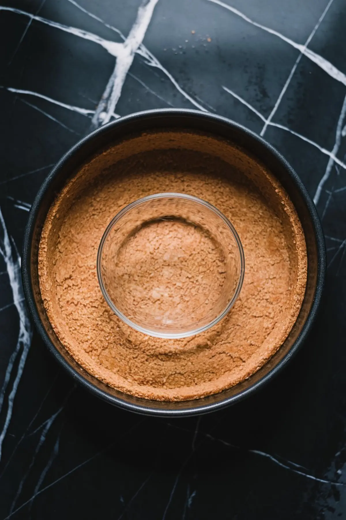Springform pan with a graham cracker crust being pressed into shape using a clear glass on a dark marble surface.