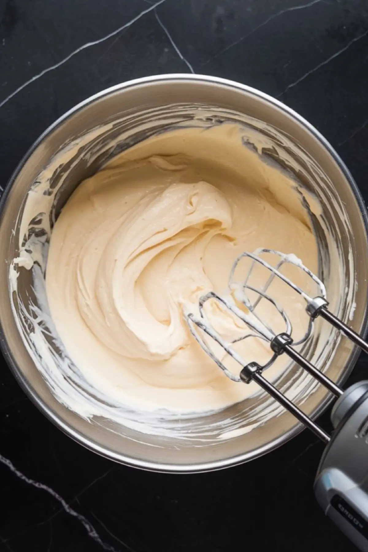 Cream cheese filling being whipped to a smooth consistency in a stainless steel mixing bowl with an electric hand mixer.