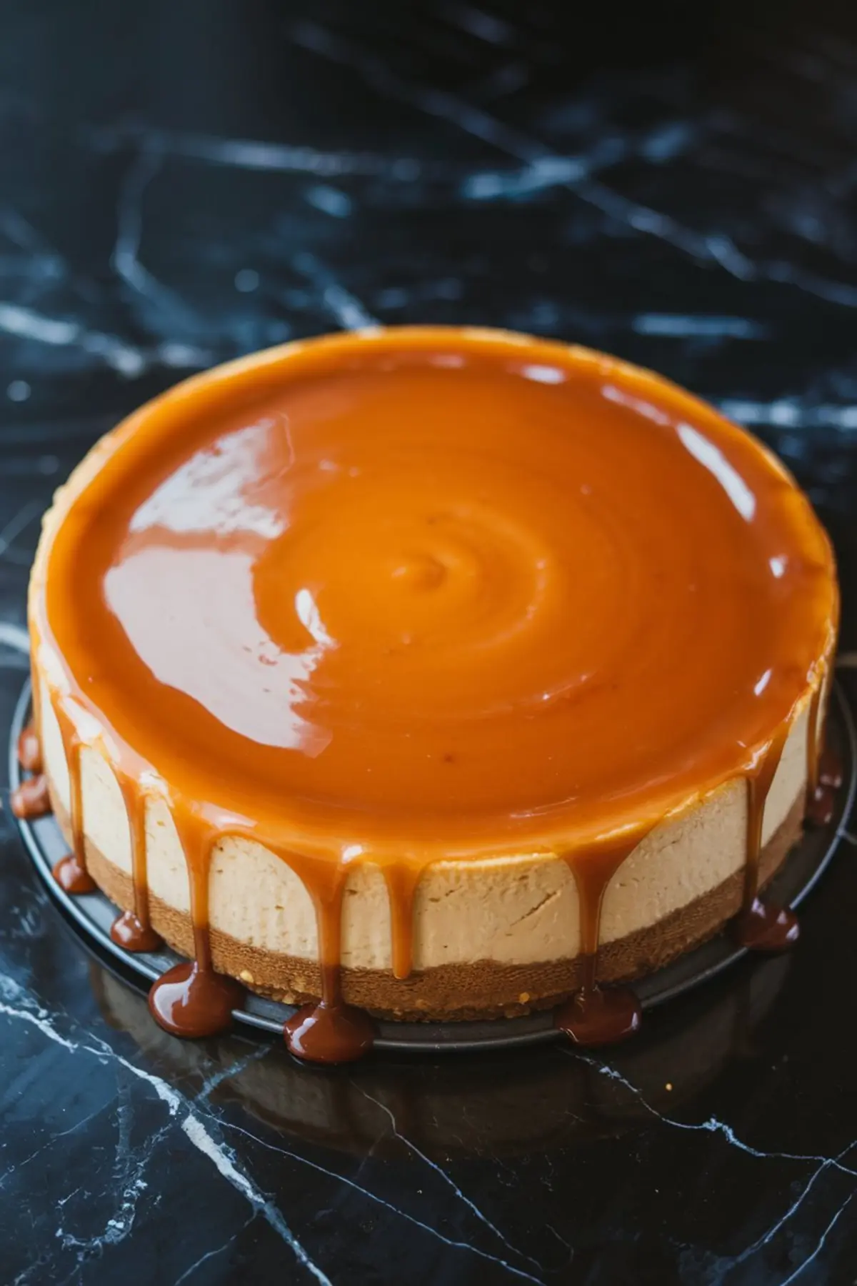Baked caramel cheesecake with a thick caramel topping dripping down the sides, set on a black marble surface.