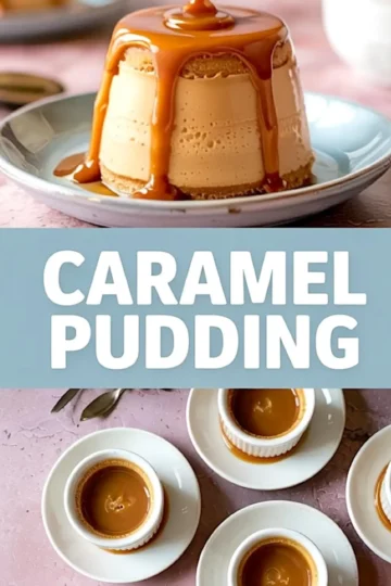 Caramel pudding on a plate with caramel sauce dripping down the sides, paired with a top view of ramekins filled with caramel custard served on white saucers.