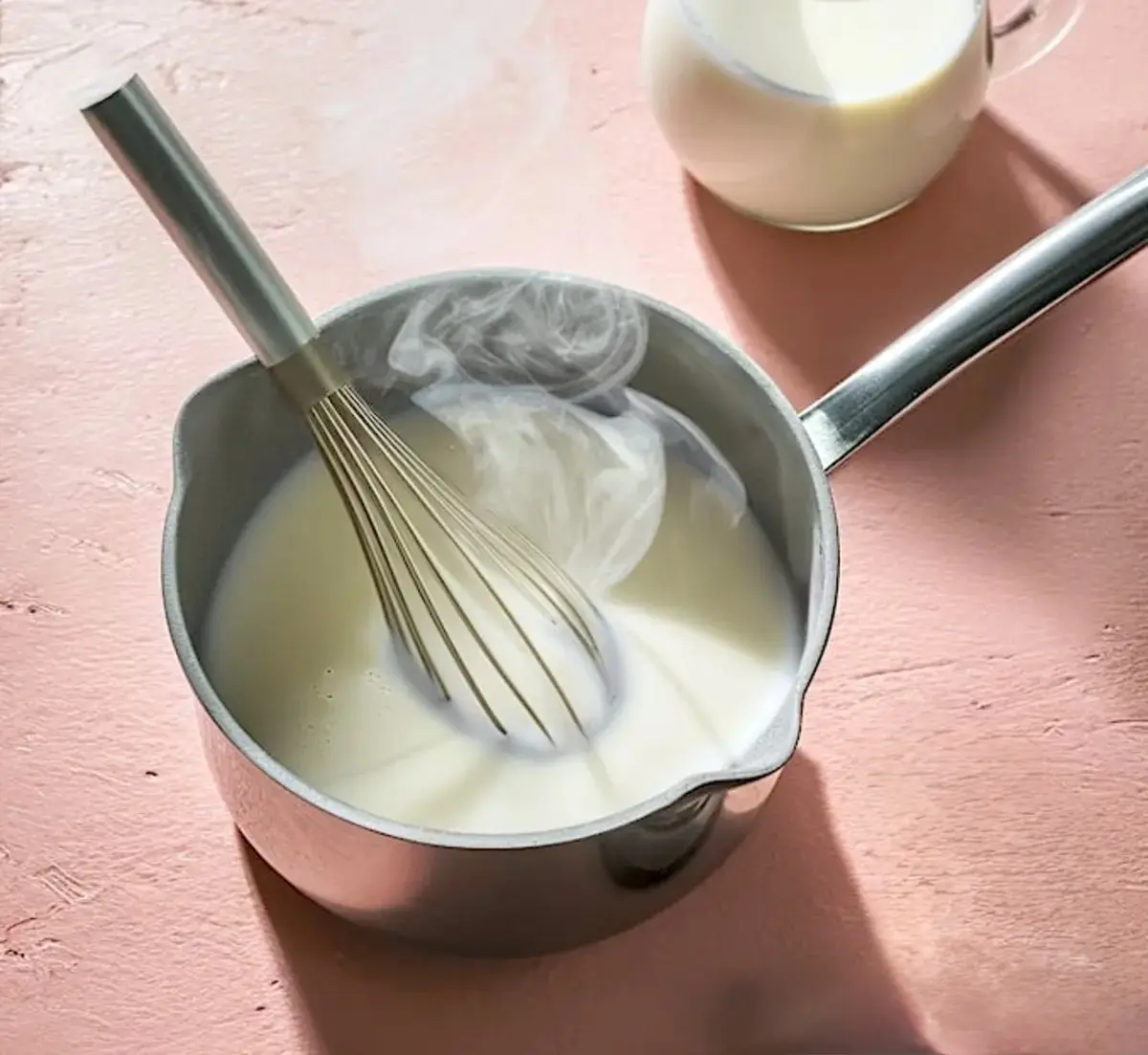 Steaming milk in a metal saucepan with a whisk inside, set on a pink surface next to a glass pitcher of milk.