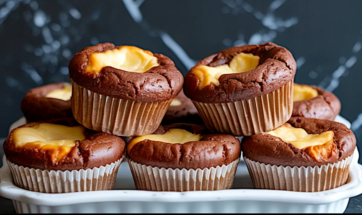 Stack of rich chocolate cheesecake muffins with golden cheesecake centers in white liners on a white tray.
