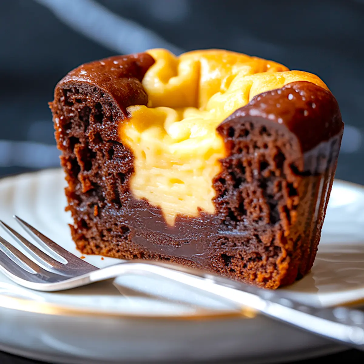 Close-up of a bitten chocolate cheesecake muffin on a white plate, revealing a fudgy chocolate base with a creamy cheesecake filling.