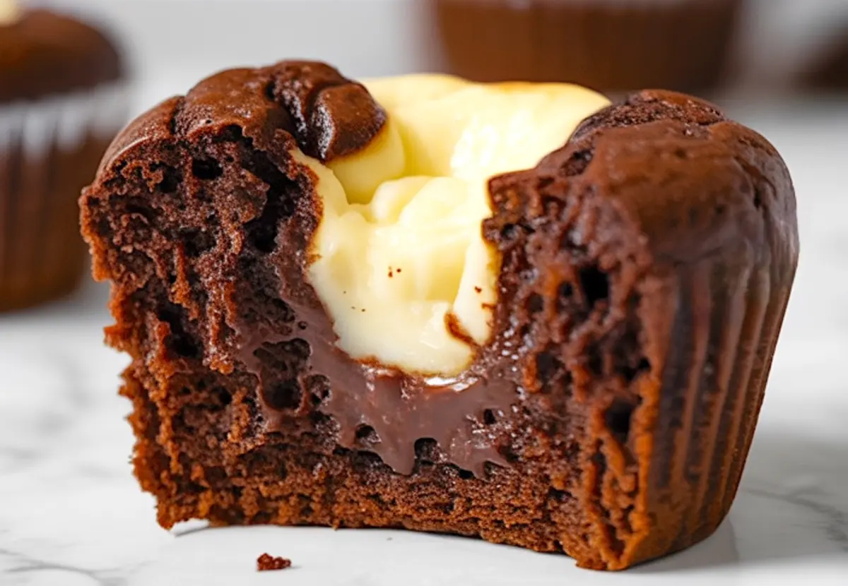 Pinterest-style collage showing cracked chocolate cheesecake muffins, bold centered text, and a close-up of a molten chocolate and cheesecake-filled bite.