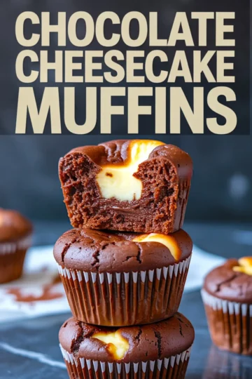 Stacked chocolate cheesecake muffins with the top muffin bitten to reveal a creamy center, under a large “Chocolate Cheesecake Muffins” headline.