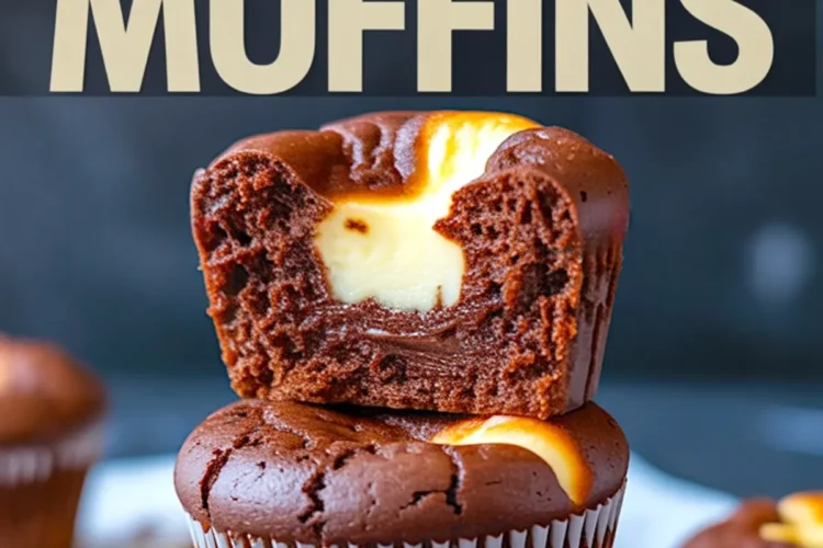Stacked chocolate cheesecake muffins with the top muffin bitten to reveal a creamy center, under a large “Chocolate Cheesecake Muffins” headline.