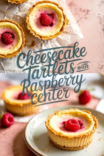 Overhead and close-up views of baked cheesecake tartlets with golden crusts and raspberry centers, displayed on crinkled parchment paper and ceramic plate over a pink background.