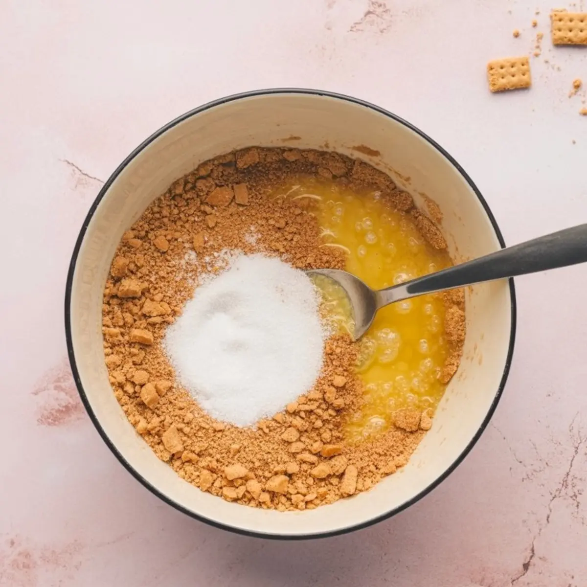 Mixing bowl filled with crushed graham crackers, melted butter, and granulated sugar, with a spoon resting inside, set against a pink backdrop.