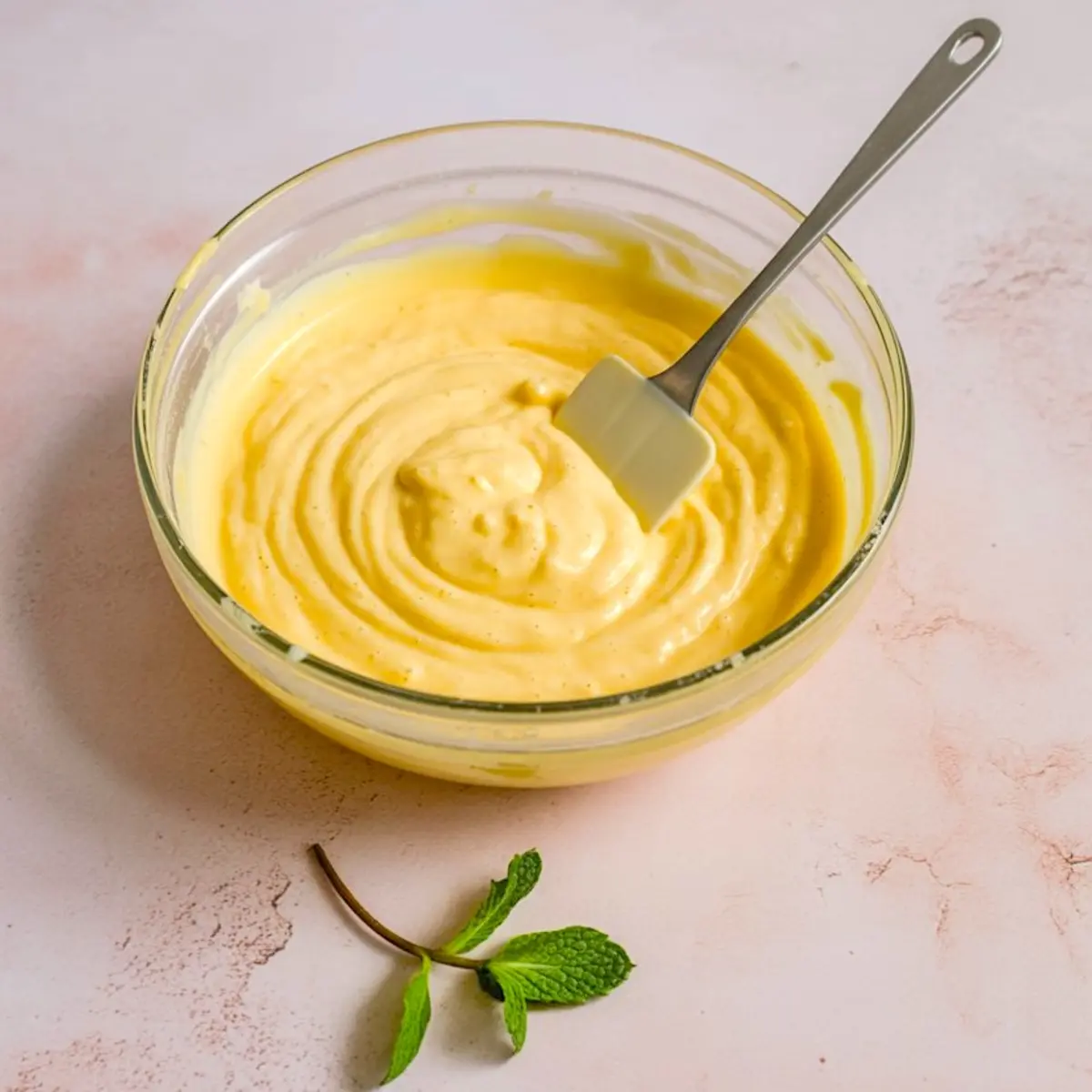 Glass bowl of thick yellow cheesecake batter with a spatula resting inside, placed on a pink surface with a fresh mint sprig nearby.