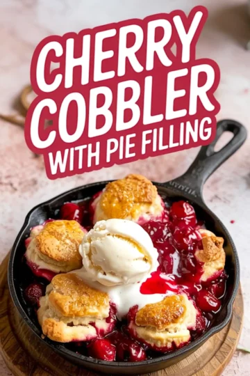Homemade cherry cobbler served in a black cast iron pan, featuring golden brown biscuits and melting vanilla ice cream over glossy cherry pie filling.