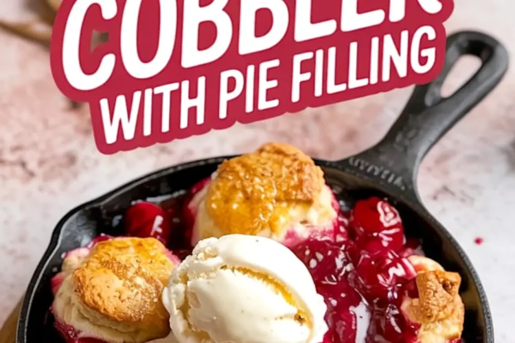 Homemade cherry cobbler served in a black cast iron pan, featuring golden brown biscuits and melting vanilla ice cream over glossy cherry pie filling.