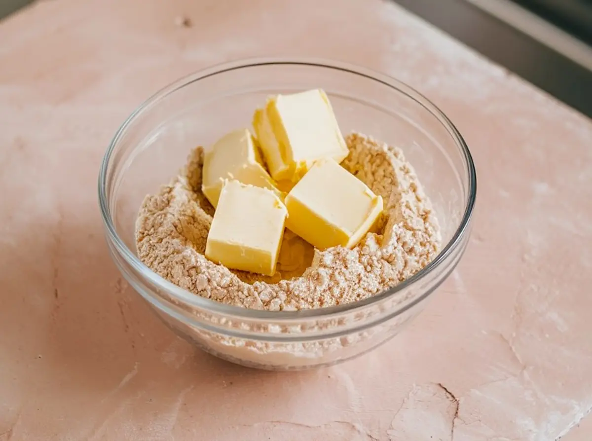 Glass mixing bowl with cubes of butter placed on top of a mound of flour mixture, ready for biscuit dough preparation on a pink countertop.