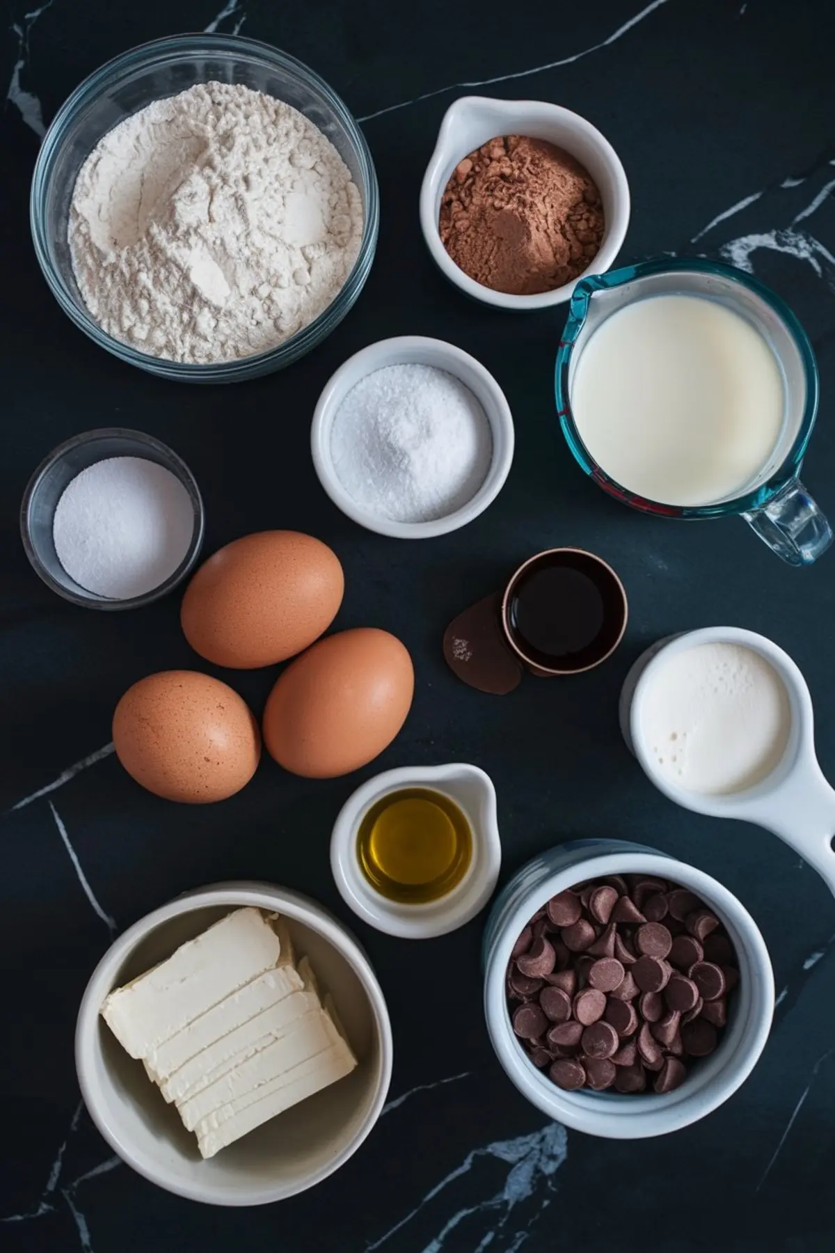 Flat lay of baking ingredients including flour, cocoa powder, eggs, chocolate chips, sugar, oil, butter, cream, vanilla extract, milk, and salt on a dark marble background.