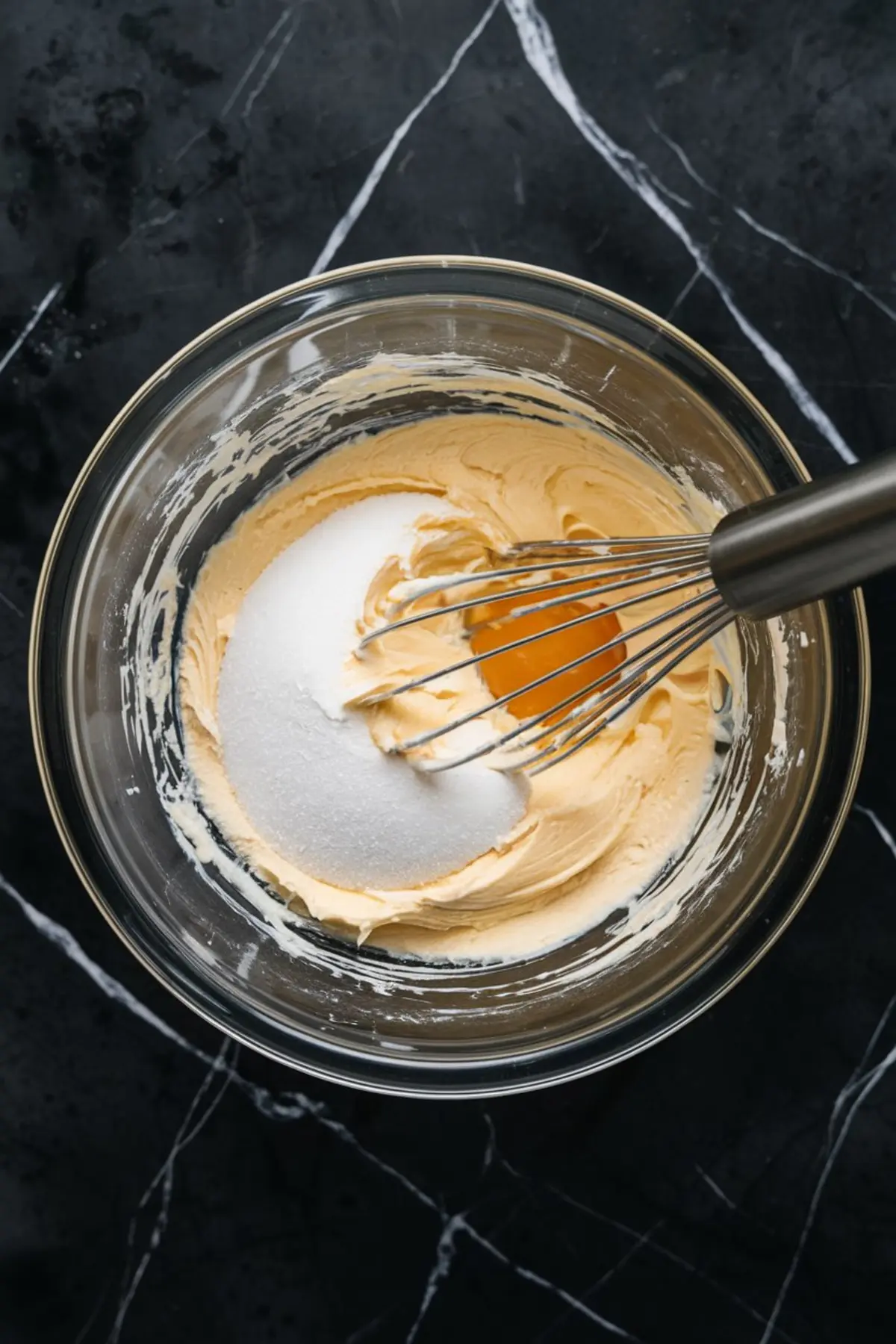 Glass bowl with creamy butter mixture, granulated sugar, and an egg being whisked on a dark marble countertop for a baking recipe preparation.