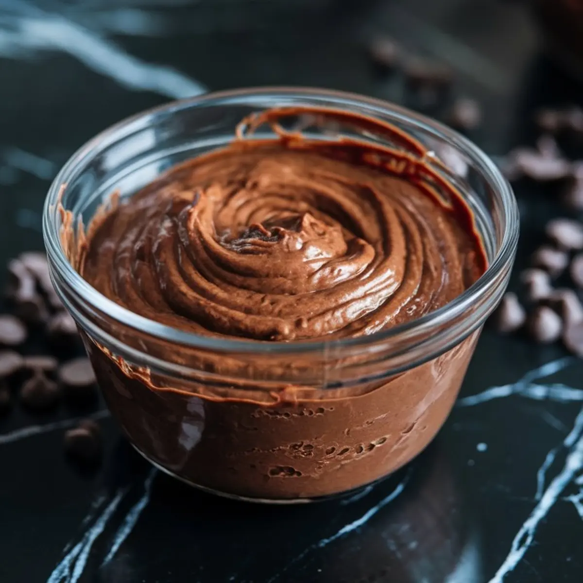 Thick chocolate batter swirled in a clear glass bowl with chocolate chips scattered around on a black marble surface.