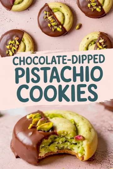 Vertical collage of chocolate-dipped pistachio cookies on a pink background with bold text overlay; includes close-up of a bitten cookie showing green pistachio filling.